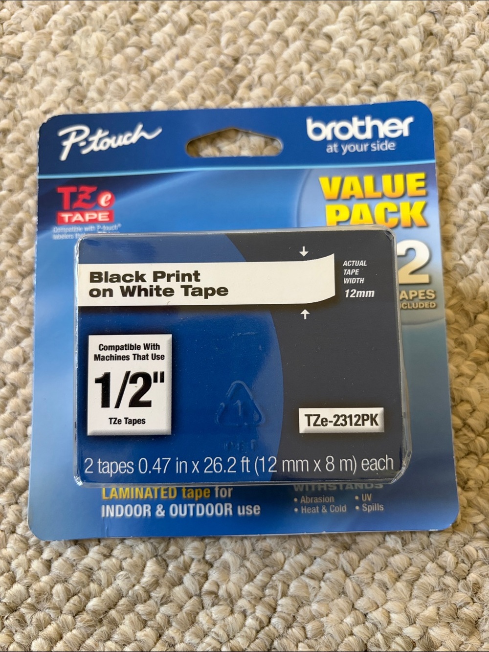 1/2 INCH  2' PACK Brother P-touch Laminated Label Tape Black Print White Tape